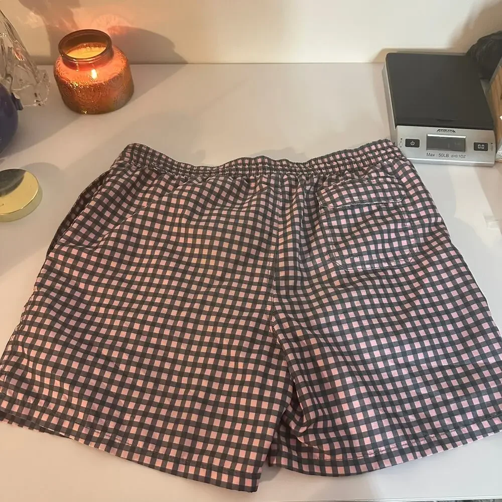 Goodfellow Men's Pink Navy Blue Check Plaid Gingham Swim Trunks Size Large